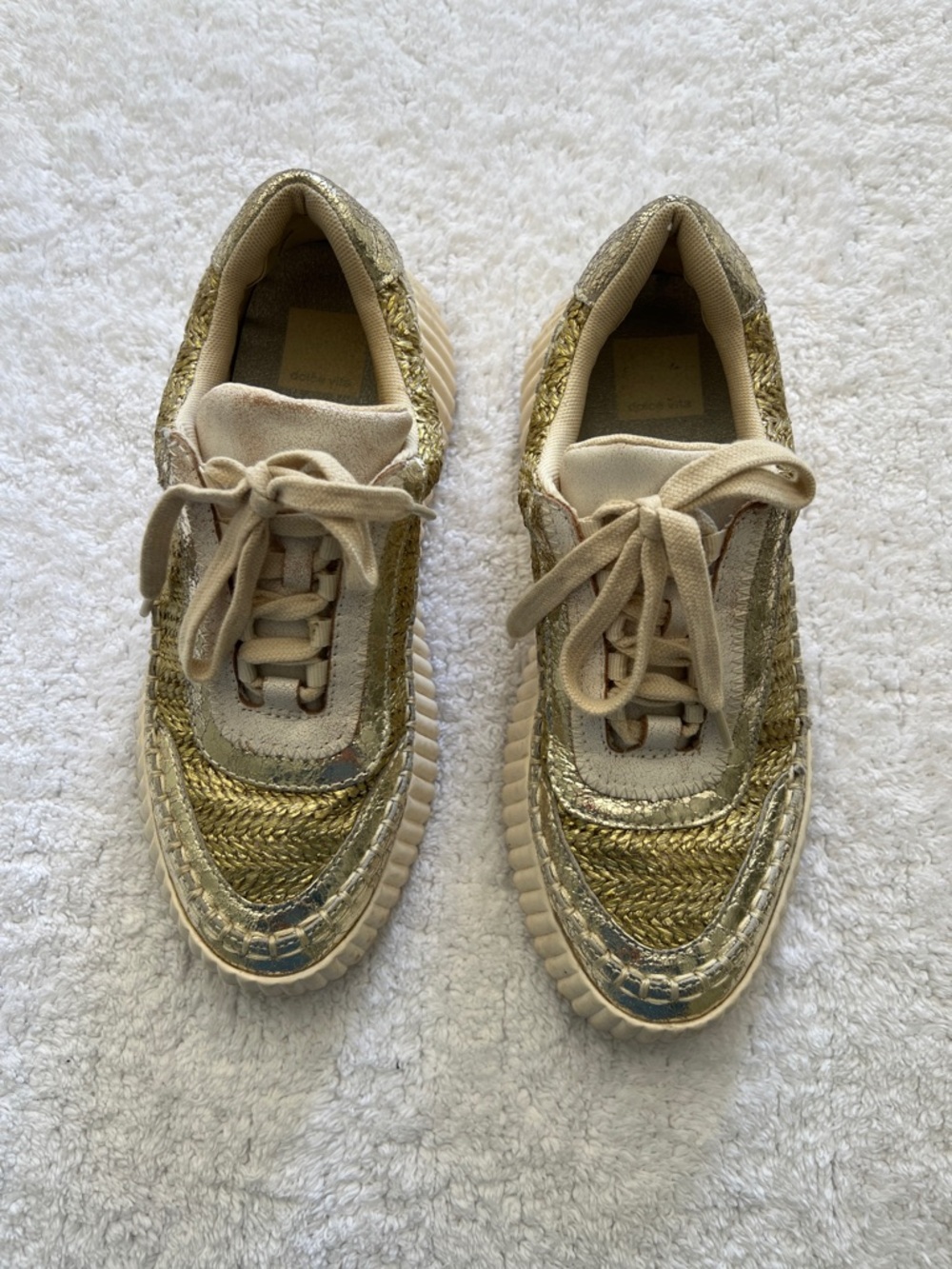 Dolce Vita Metallic Gold and Cream Woven Sneakers